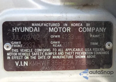 2002 Hyundai Sonata Gls/Lx from USA, damaged, VIN KMHWF35H22A712365